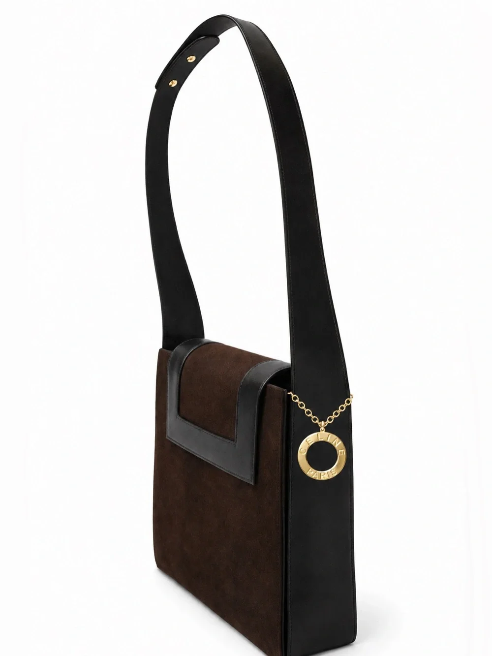 CELINE brown suede leather logo charm shoulder bag